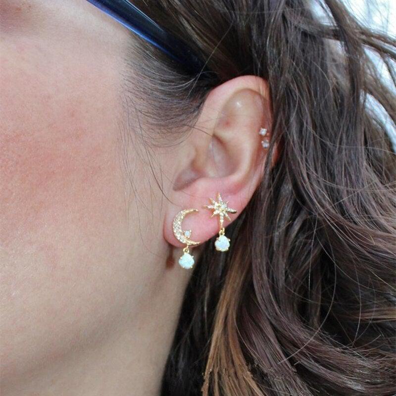 Flor | Moon and Star Earrings in Gold and Opal