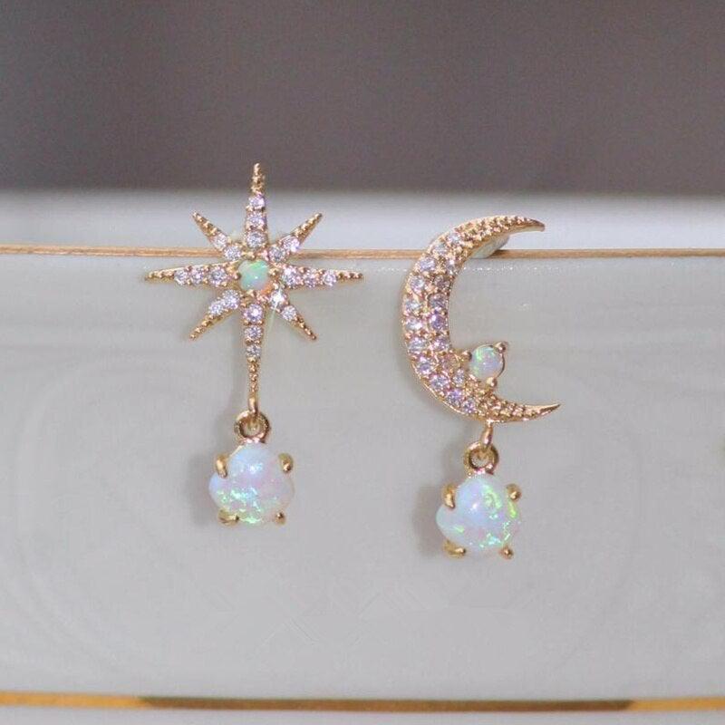 Flor | Moon and Star Earrings in Gold and Opal
