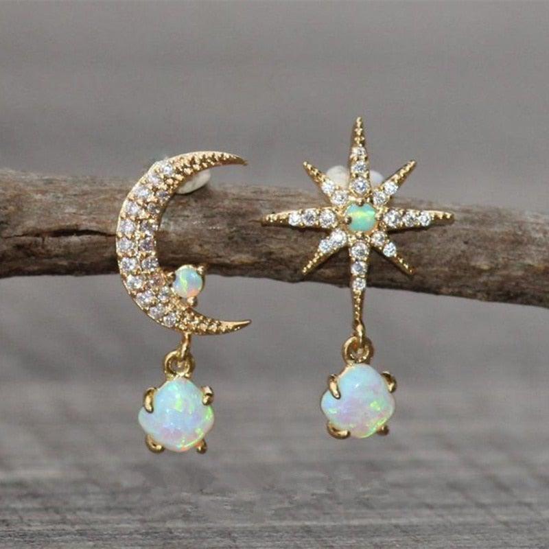 Flor | Moon and Star Earrings in Gold and Opal