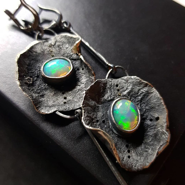 Ileana | Bohemian earrings with green opal in silver