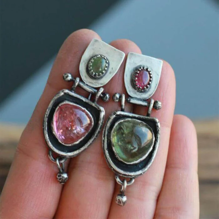 Mercedes | Red and green rectangular vintage earrings